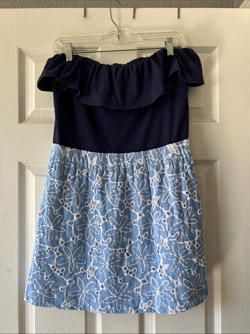 Lilly Pulitzer Esmeralda strapless dress stretch cotton ruffle top linen skirt